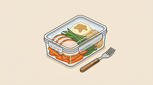 Isometric illustration of a healthy lunch box filled with nutritious meat and vegetables