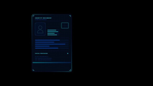 Digital identity document and metadata validation interface showing secure access protocol on a blue futuristic screen