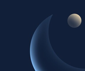 Abstract crescent moon shape with a glowing planet sphere in the dark blue night sky for modern minimalist background © Rakib