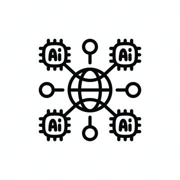 Global AI network thin line icon representing artificial intelligence, worldwide connectivity, neural networks, data exchange, machine learning, and intelligent technology. Vector illustration.