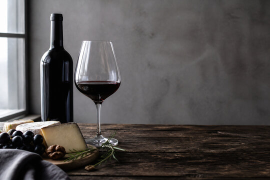 A bottle of red wine, a glass of red wine, cheese, and grapes are displayed on a dark wooden table against a gray background.
