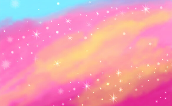 Rainbow unicorn gradient background with pink, yellow and blue color and stars. Magic fantasy pattern with sparkle and light