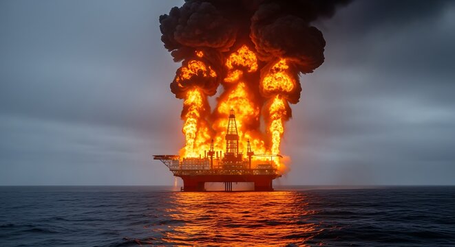 Oil Rig on Fire with Massive Flames and Dark Smoke at Sea