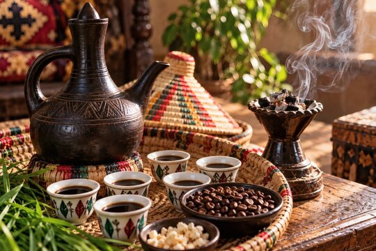 Ethiopian coffee ceremony set with clay jebena pot, small cups and roasted beans