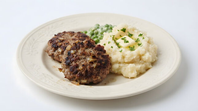 1950s menu corned meat patty fritters and mashed potato on retro plate against solid white. Easy food, throwback menu, retro American cuisine assets