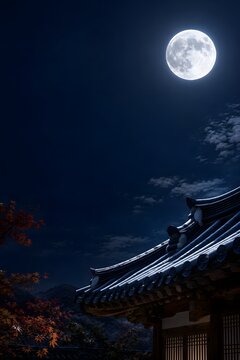 Full moon over traditional Korean Hanok roof at night