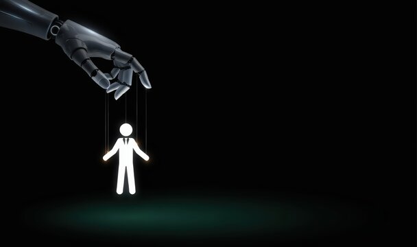 Robot hand manipulating human puppet. Conceptual digital illustration.