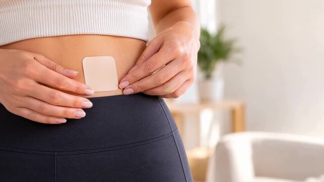 Woman wearing hormonal patch on abdomen at home, hormone therapy and weight management, with copy space