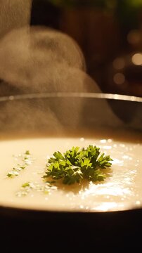 Close Up Hot Steam Rising from Creamy Soup with Fresh Parsley Bowl