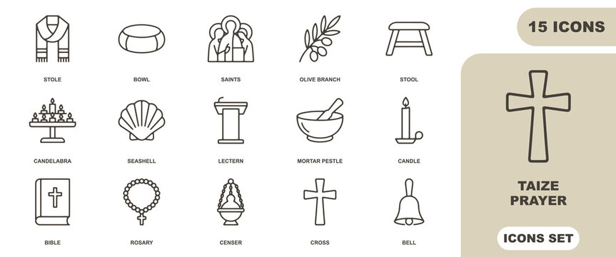 Taize prayer icon sheet featuring religious symbols, including stole, candelabra, bible, rosary, cross, bell, lectern, and olive branch line