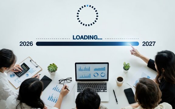 Year 2026 to 2027 loading progress bar concept. Business team working.