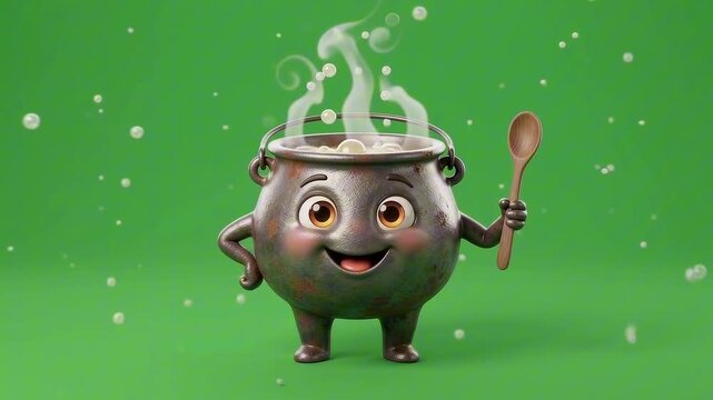 A happy, cartoon-like cauldron character with a big smile and big eyes holding a wooden spoon and cooking a meal. Bubbles and steam rise from the cauldron, against a bright green background.