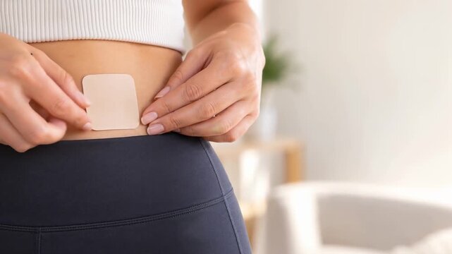 Woman applying hormonal patch to abdomen at home, hormone therapy and wellness concept, with copy space