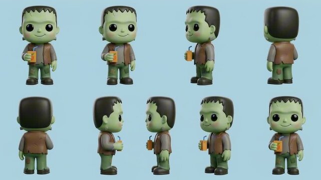 A cute, cartoonish Frankenstein's monster figurine shown from multiple angles, holding an orange drink