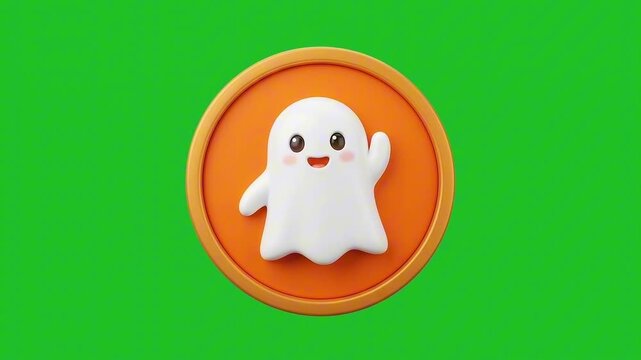 A cute and friendly cartoon ghost waving hello, set against a vibrant green background. The ghost has a simple, rounded body, big, expressive eyes, and a happy smile.