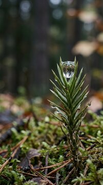Macro view of a dew droplet delicately resting on a green clubmoss in a forest