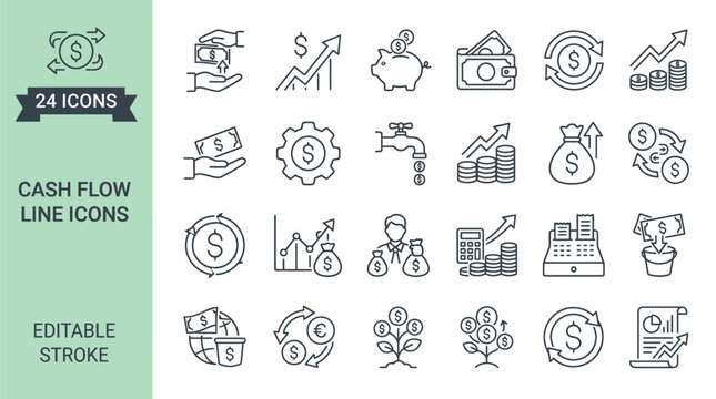 Cash Flow Line Icons Set &ndash; Money, Finance, Investment, Growth, Piggy Bank, Coin, Chart, Profit Editable Stroke Vector Icon Collection