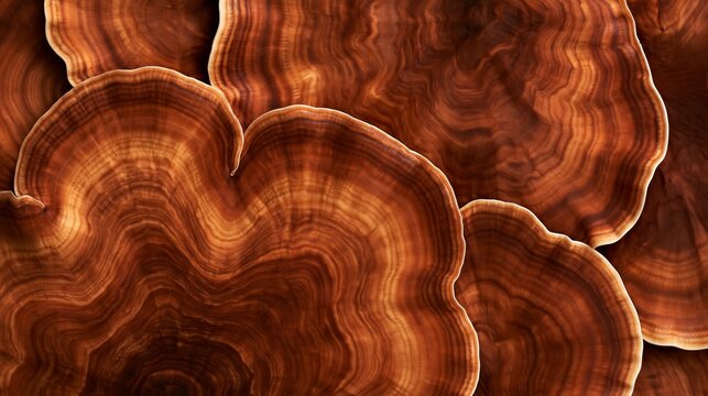 Overlapping Glossy Reishi Bracket Fungus Caps in Macro Close-Up