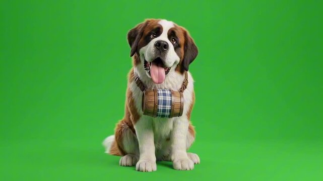 A Saint Bernard dog sitting and looking forward with its tongue out, wearing a small barrel around its neck.