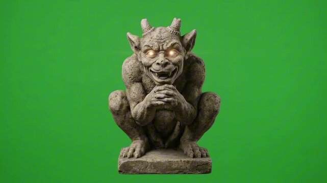 A creepy gargoyle statue with glowing eyes and a menacing grin, set against a green screen background