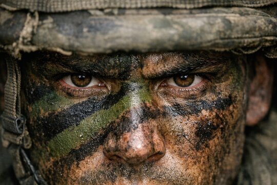 Close-up shot of a man's face covered in camouflage paint, ideal for military or outdoor-themed projects