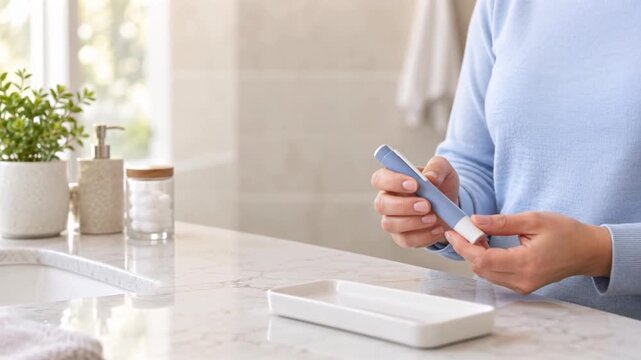 Person holding GLP-1 injection pen at home, weight management treatment, with copy space