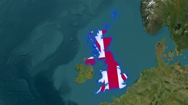 3D Animated Map of United Kingdom Highlighting Regions, Flag Overlay, and European Borders