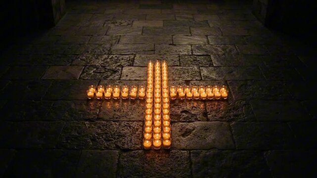 A symbolic cross shape illuminated by glowing candles arranged on an old stone floor, creating a solemn and reverent atmosphere in the darkness.