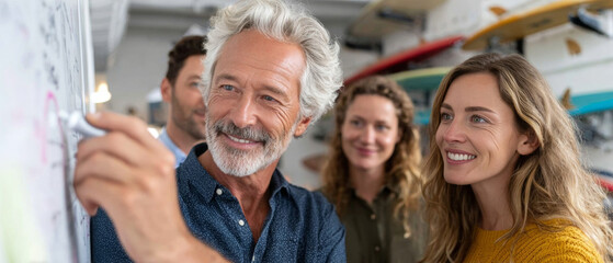 Fototapeta premium A man with a beard and gray hair is writing on the whiteboard, surrounded by his team members who are smiling as they look at him.