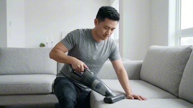 A man is using a vacuum cleaner to clean his couch. He is wearing a grey t-shirt and blue jeans. The couch is a light grey color.