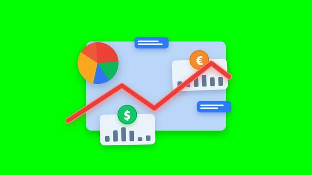 3D style vector animation of an upward stock market line graph, pie chart, currency badges, and data boards on green screen.