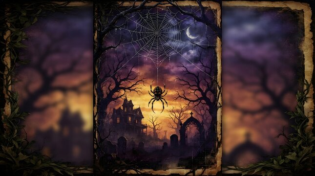 Large spider on dark forest background at night