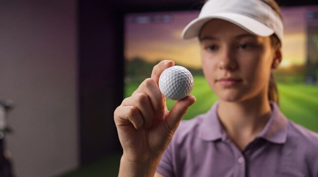 Young female golfer holding a golf ball in an indoor simulator with neutral lighting