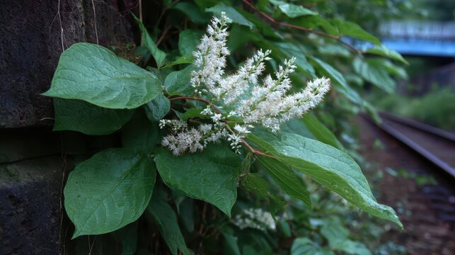 Close-up: blooming virgin's bower, with lush leaves, near a railway track. Great for nature, floral, or environmental projects and artistic compositions.