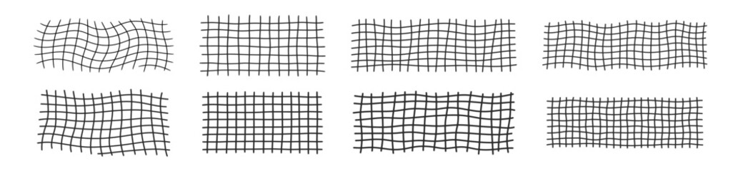 Fototapeta premium Grid and mesh pattern icon set with straight and distorted rectangular lattice structures in thin black line style