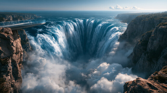 Glass Skywalk Overlooking Ocean Waterfall and Cloud-Filled Chasm