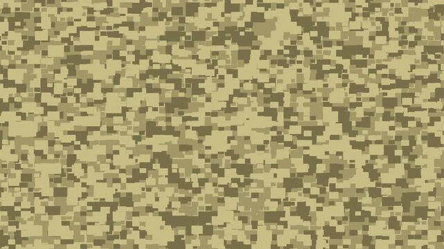 Small pixel clusters within a digital camouflage pattern contract toward nearby centers, creating a fragmented mosaic effect before rebuilding into the original layout for tactical backgrounds and tra