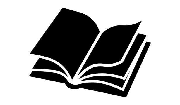 Black silhouette icon of an open book with pages turning isolated on transparent background