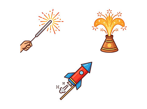 Diwali Fireworks Icon Set with Burning Sparkler, Flower Pot Anar, and Rocket Firecracker Vector Illustration