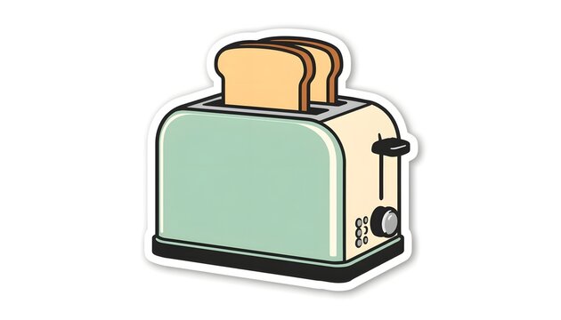 A simple flat vector sticker design of a classic vintage kitchen toaster with two slices of bread 
