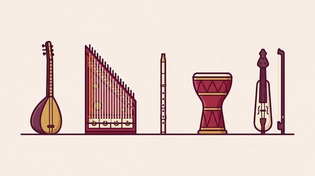 Turkish Musical Instruments, Ankara: bağlama, kanun, ney, darbuka and kemen&ccedil;e arranged together