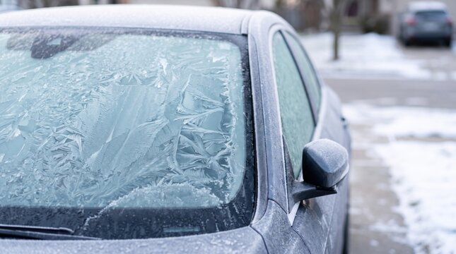Car windshield and side windows covered with frost ice patterns on snowy street in winter morning. Frozen glass, defrosting and cold season car care concept