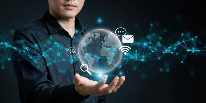 Global network connection concept photo. Man holding glowing digital earth.