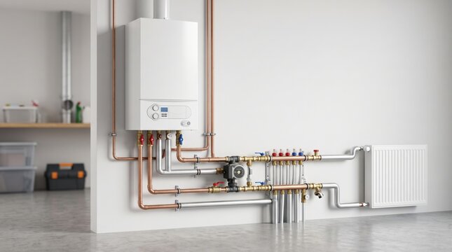 Wall mounted gas boiler with copper pipes, valves, pump, manifold and radiator in utility room. Home heating system installation and plumbing equipment concept