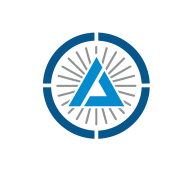 Blue triangle logo with circle and lines