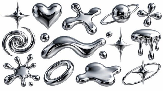A collection of various abstract chrome liquid metal shapes and reflective 3D geometric elements.