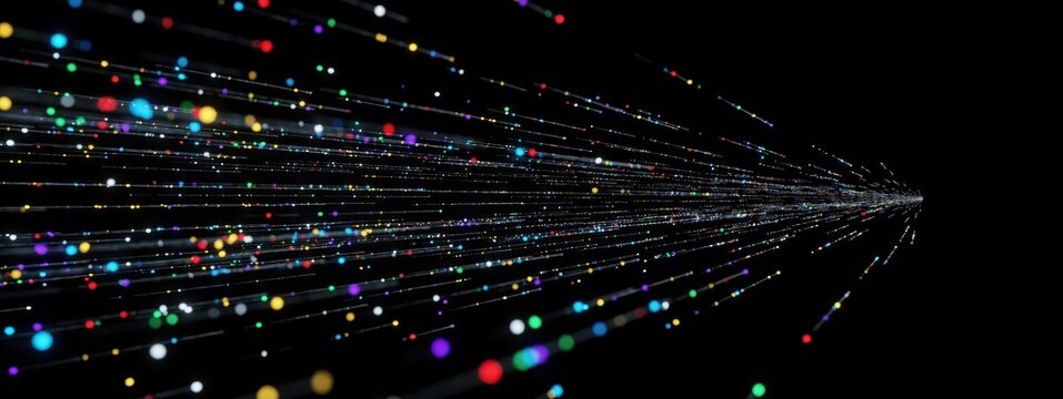 Futuristic fiber optic light trails, colorful data stream on black background