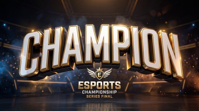 Champion Esports Championship Series Final Text Graphic with 3D Gold Lettering in a Dark Arena Setting