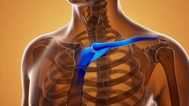 Anatomical 3D animation of the human skeletal system highlighting the clavicle and sternoclavicular joint area in blue for medical education