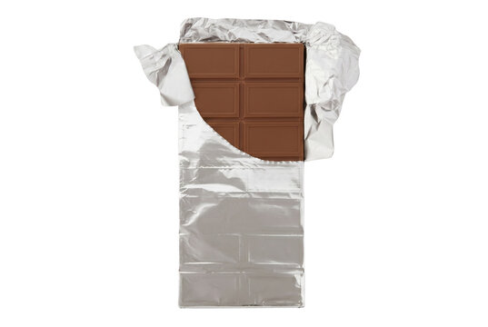 Milk Chocolate Bar Partially Unwrapped in Silver Foil